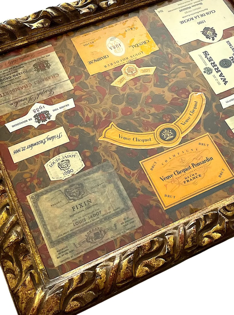 1990s Fine French Wine and Champagne Label Multi Media Collage on Hand Marbled Paper in Gesso and Gi - 4
