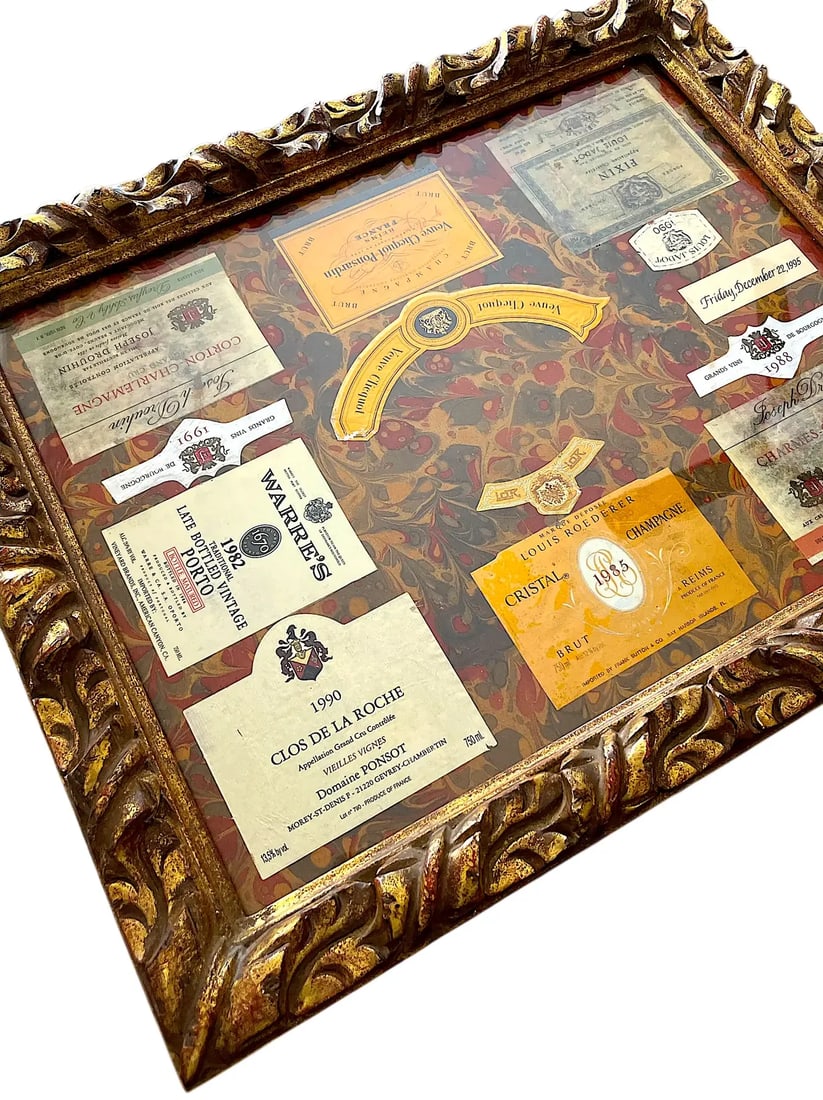 1990s Fine French Wine and Champagne Label Multi Media Collage on Hand Marbled Paper in Gesso and Gi - 5