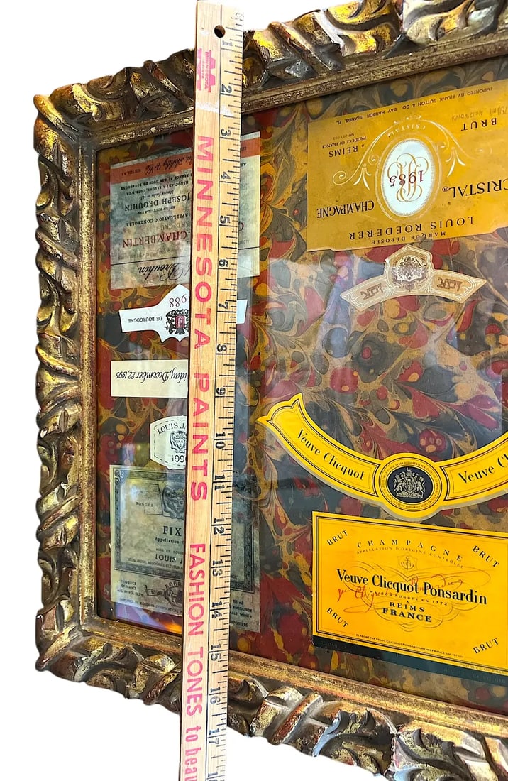 1990s Fine French Wine and Champagne Label Multi Media Collage on Hand Marbled Paper in Gesso and Gi - 7