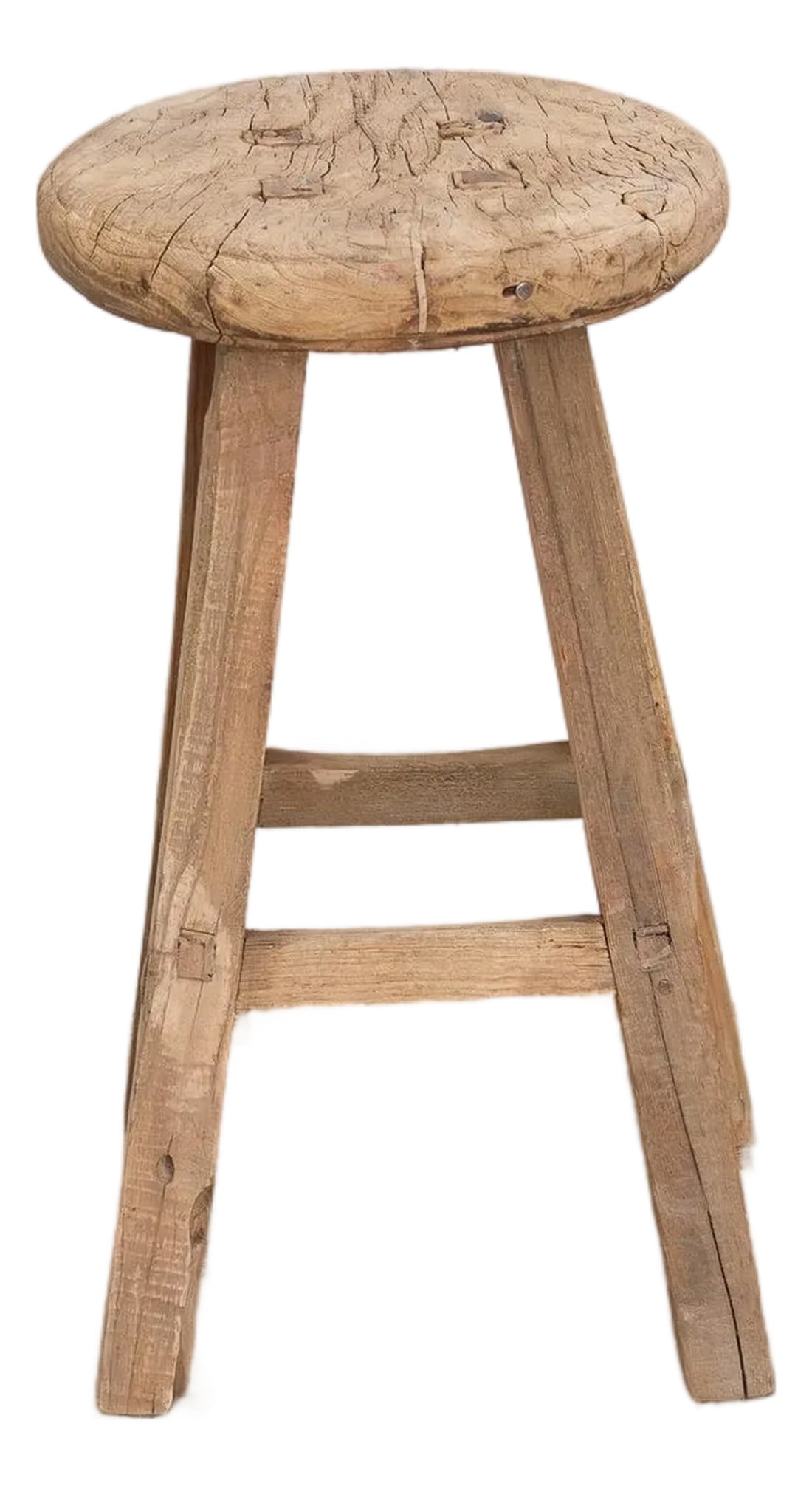 Antique Ocassional Stool With Elm Top: A rustic beauty, this weathered wooden round stool isn't just furniture; it's a whisper of the past. From the early 20th century, this round stool has aged gracefully, acquiring a beautifully textured