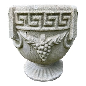 Vintage Aged Concrete Pedestal Planter Greek Key and Grapes Design