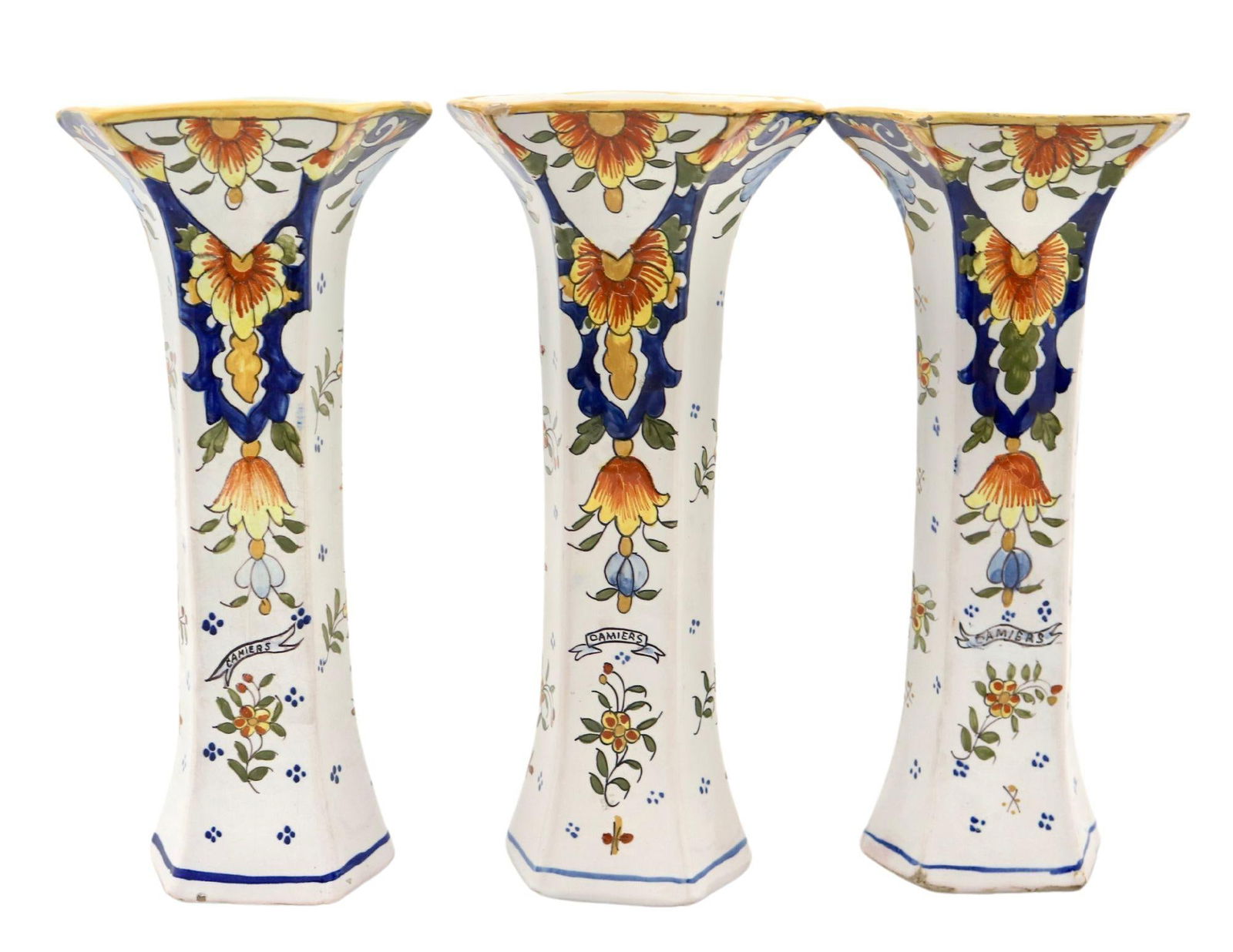 Antique French Faience Long Stem Vases, S/3 - 4