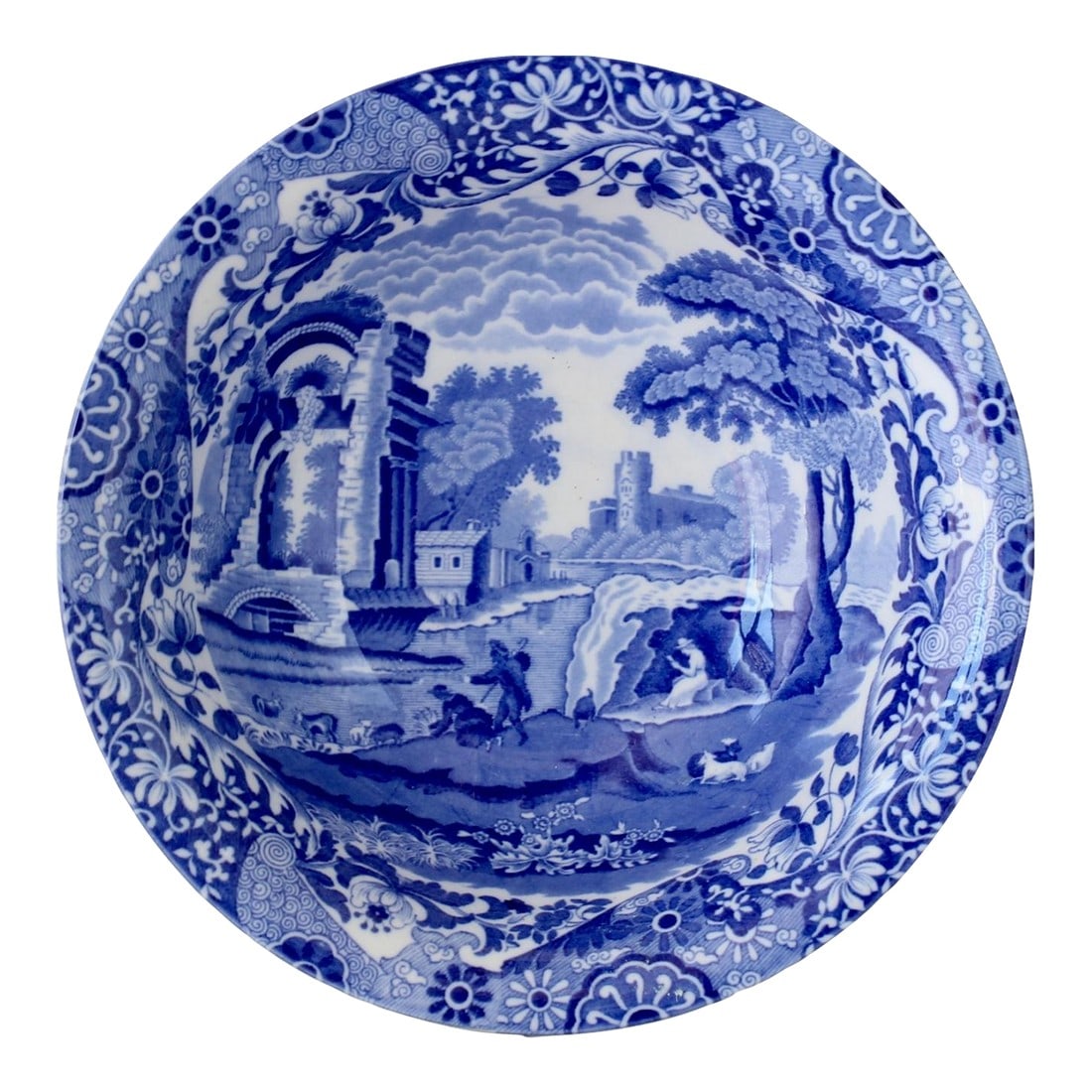 Early 1900s Copeland Spode's Italian Serving Bowl: This beautiful English serving bowl by Copeland Spode features the timeless Italian Pattern, a design celebrated for its intricate pastoral scene framed by ornate floral and scrollwork borders. Origin