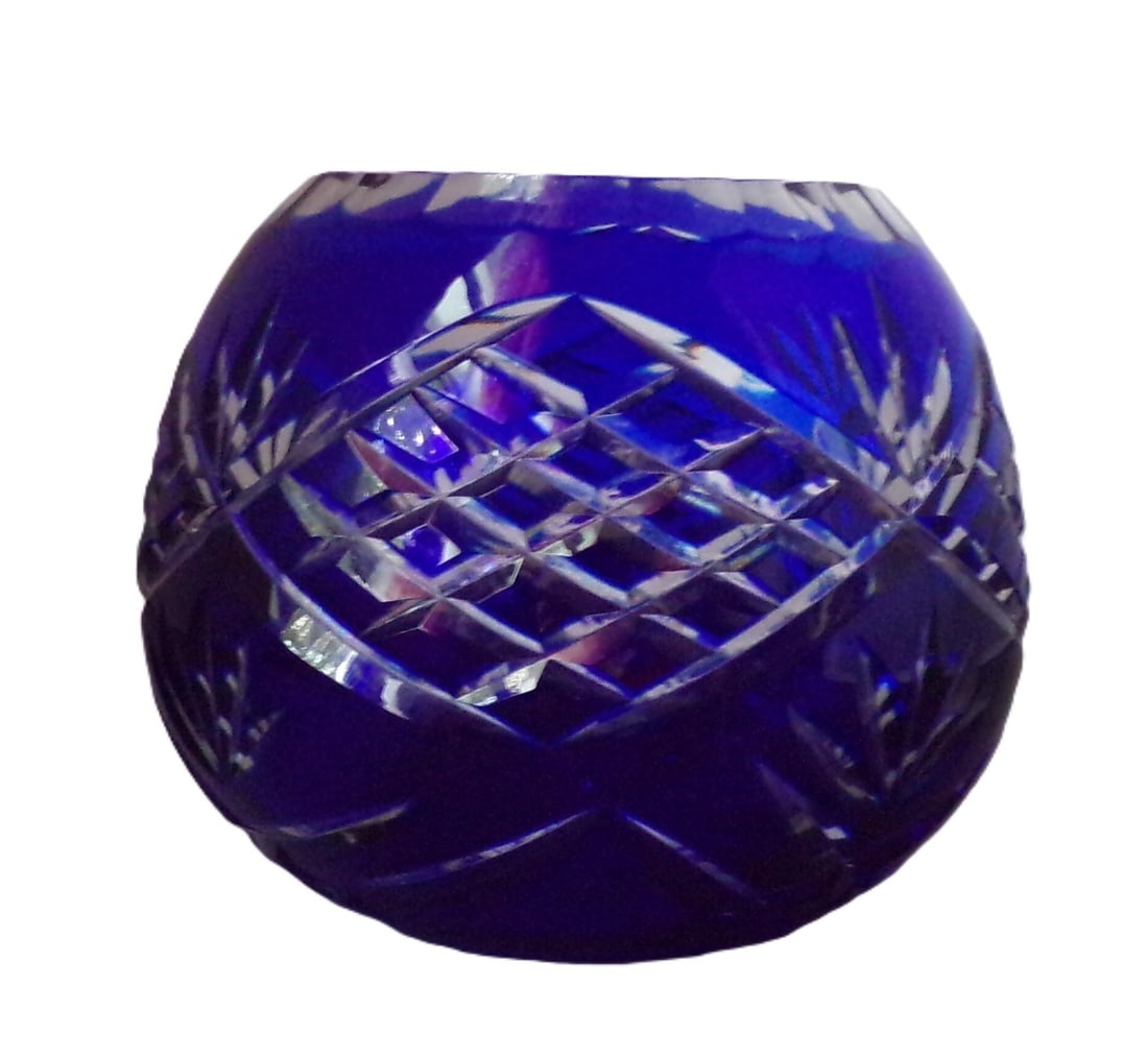 4 Inch Tall Cobalt Blue Cut to Clear Crystal Vase - 3