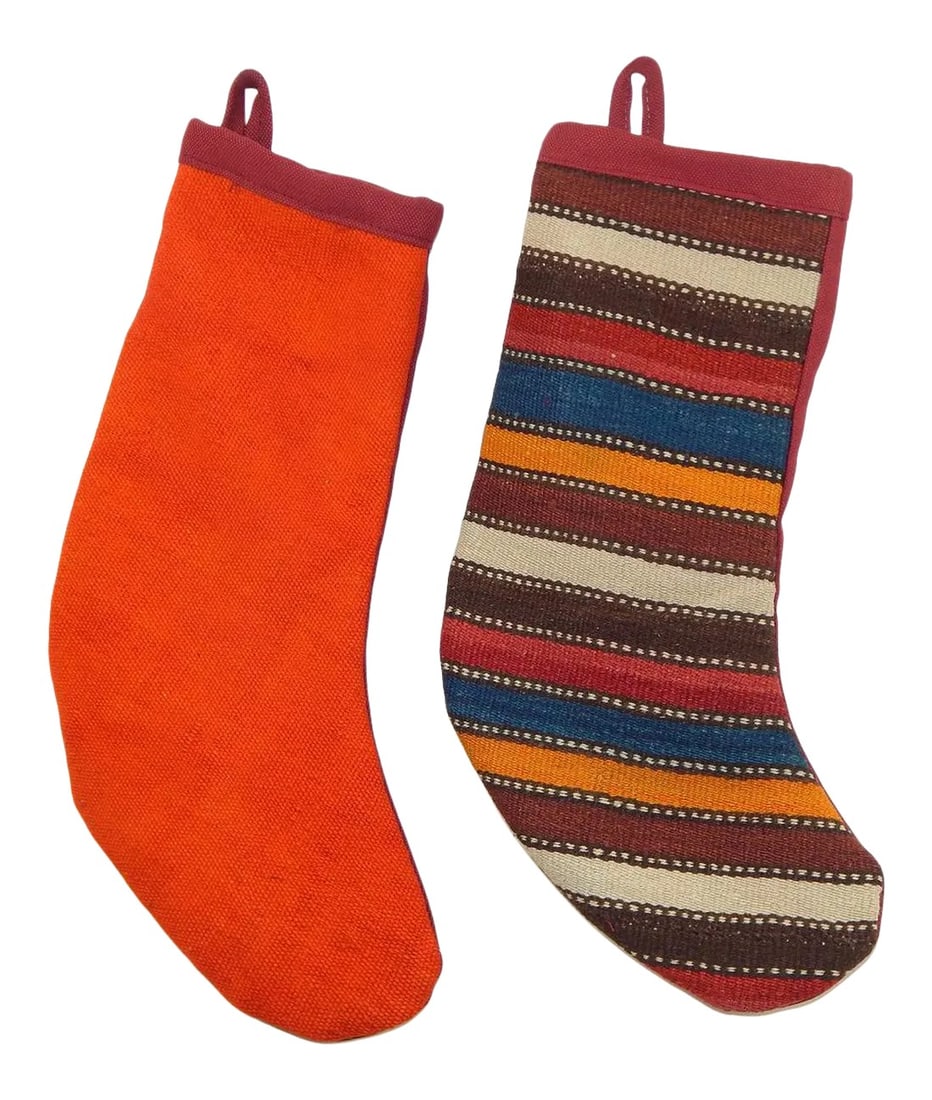 Christmas Kilim Stocking - a Pair: Height: 16 Inches; Width: 6 Inches 1- Christmas Stockings were designed and produced by me and it is unused. 2- Its size is 16" x 6", 40x15 cm 3- Made from vintage handwoven authentic Turkish