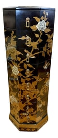 Mid Century Chinoiserie Hand Painted Black Lacquered Octagon Jewelry Lingerie Chest