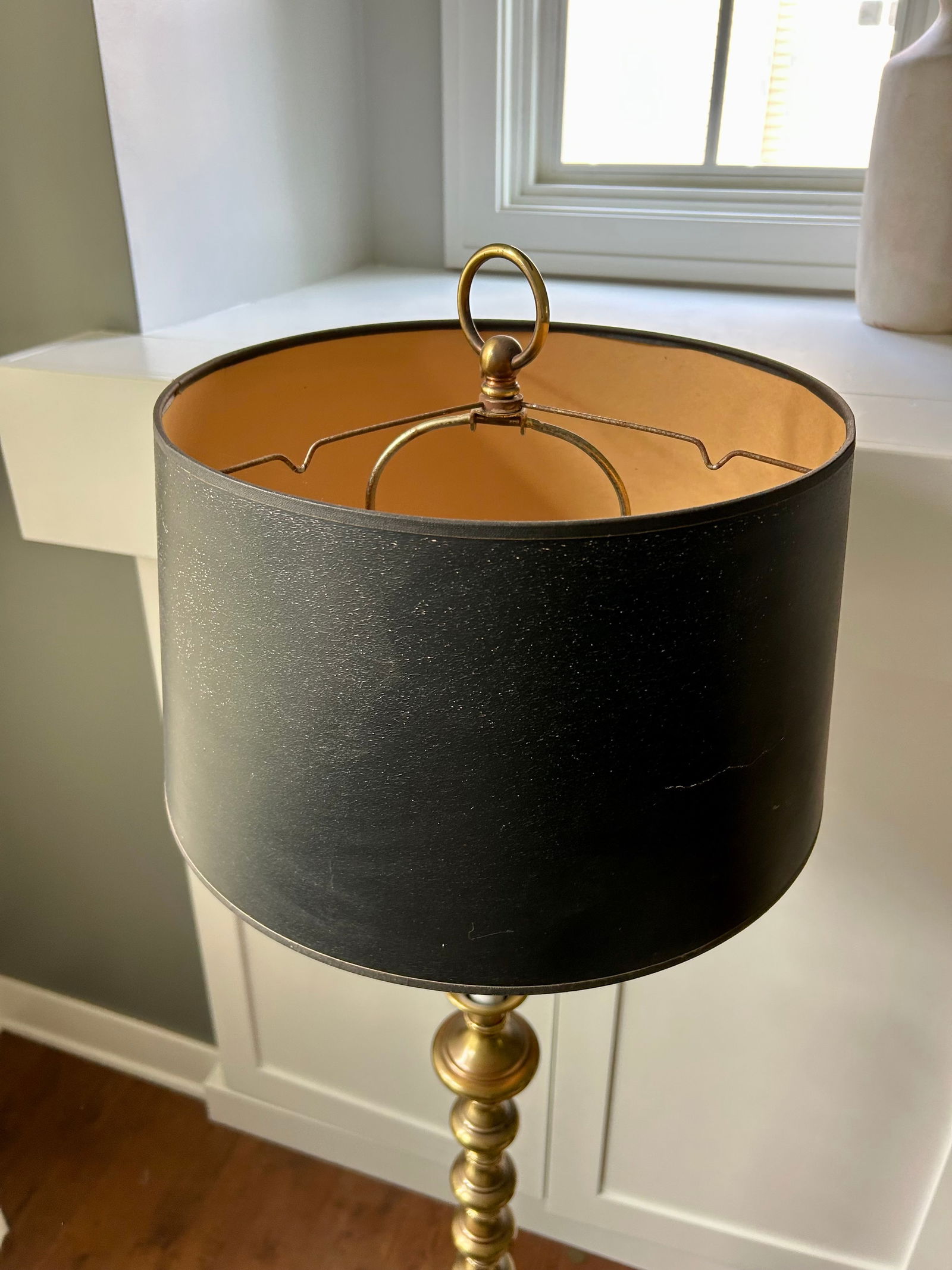 Vintage Mid-Century Modern Hollywood Regency Gold Stacked Orb Floor Lamp With Black Hardback Drum Sh - 10