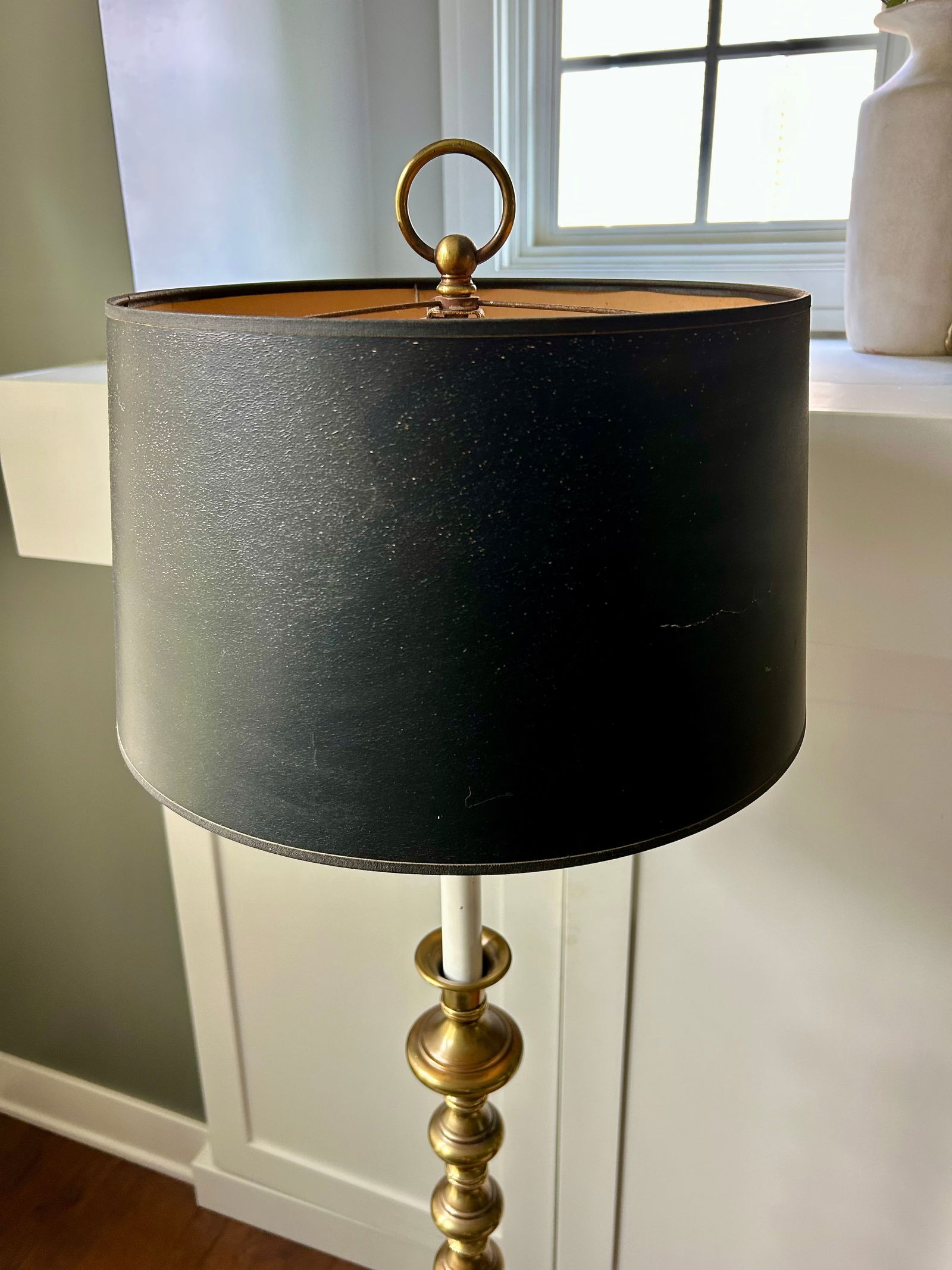 Vintage Mid-Century Modern Hollywood Regency Gold Stacked Orb Floor Lamp With Black Hardback Drum Sh - 11