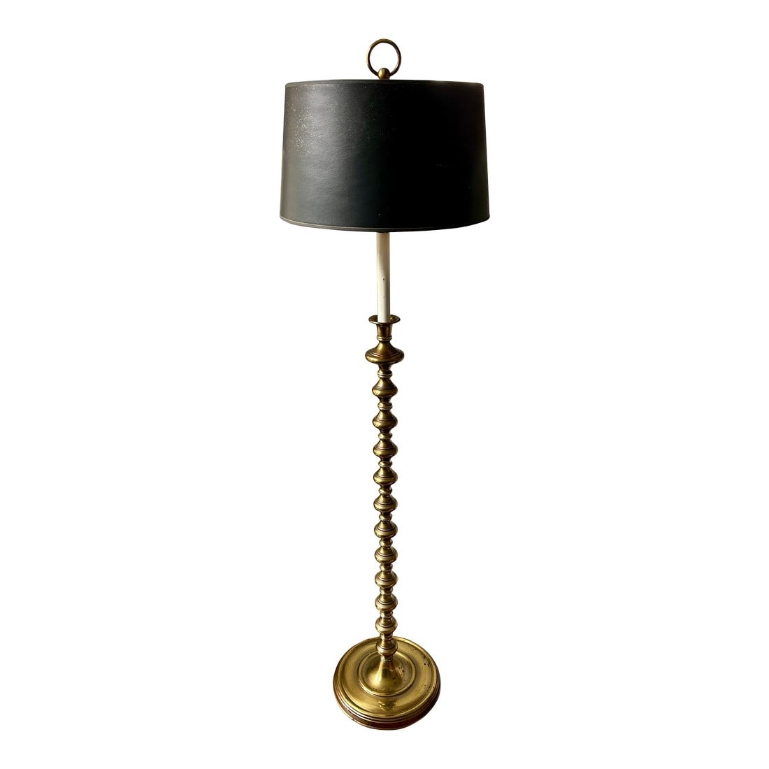 Vintage Mid-Century Modern Hollywood Regency Gold Stacked Orb Floor Lamp With Black Hardback Drum Sh: Vintage Mid-Century Modern Hollywood Regency Gold Stacked Orb Floor Lamp with Black Hardback Drum Shade Elevate your interior with this striking vintage Mid-Century Modern floor lamp, featuring a