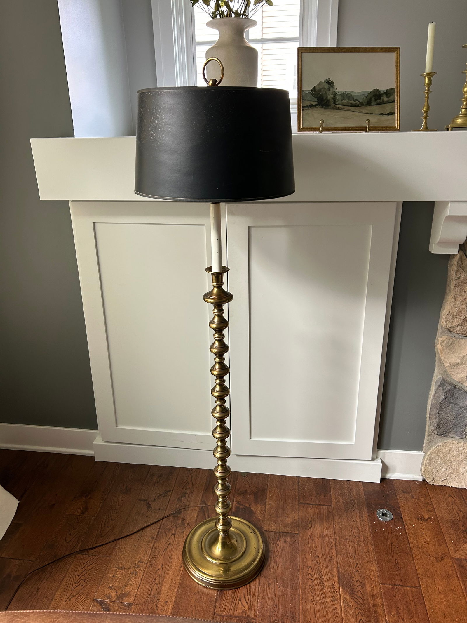 Vintage Mid-Century Modern Hollywood Regency Gold Stacked Orb Floor Lamp With Black Hardback Drum Sh - 2