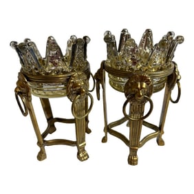 1950s Hollywood Regency Crown Inspired Brass and Glass Candle Holders- a Pair