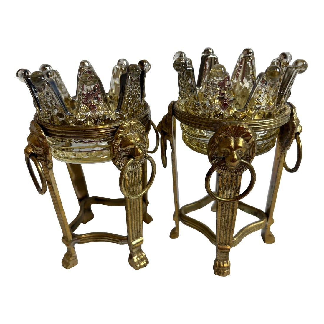 1950s Hollywood Regency Crown Inspired Brass and Glass Candle Holders- a Pair: I love the details of these Hollywood Regency brass candle holders. Not just the crown but the classic molded Lions head with the brass ring in it's mouth, down to the lion paws that hold up the