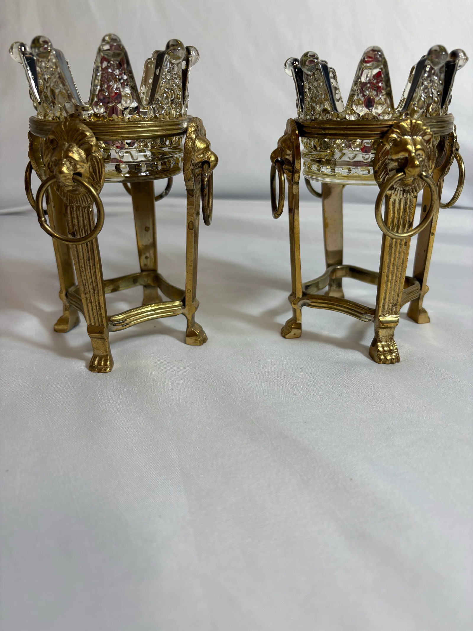 1950s Hollywood Regency Crown Inspired Brass and Glass Candle Holders- a Pair - 8
