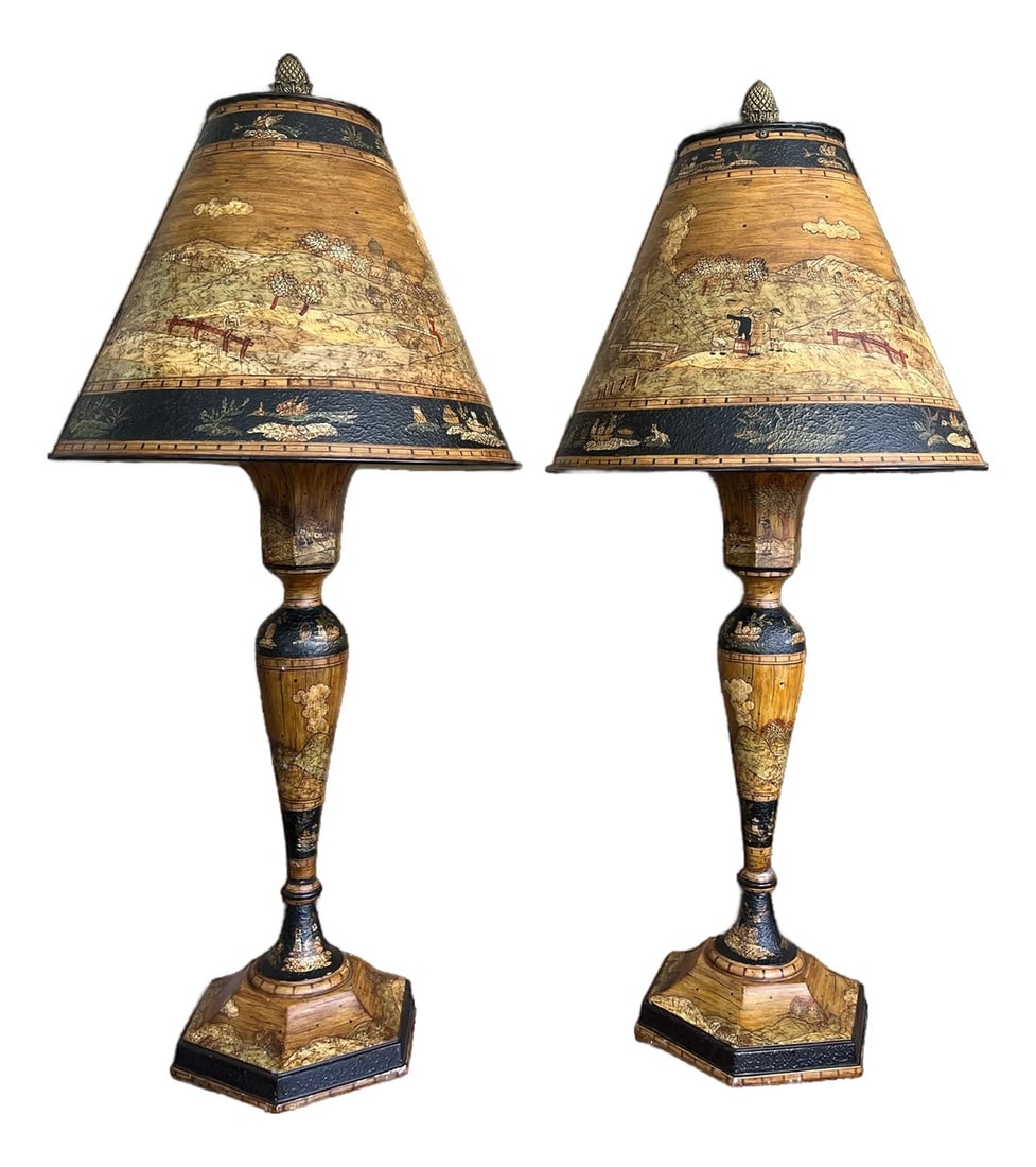 Vintage Chinoiserie Tole Table Lamps With Hand-Painted Landscape Shades – A Pair (1 of 15)