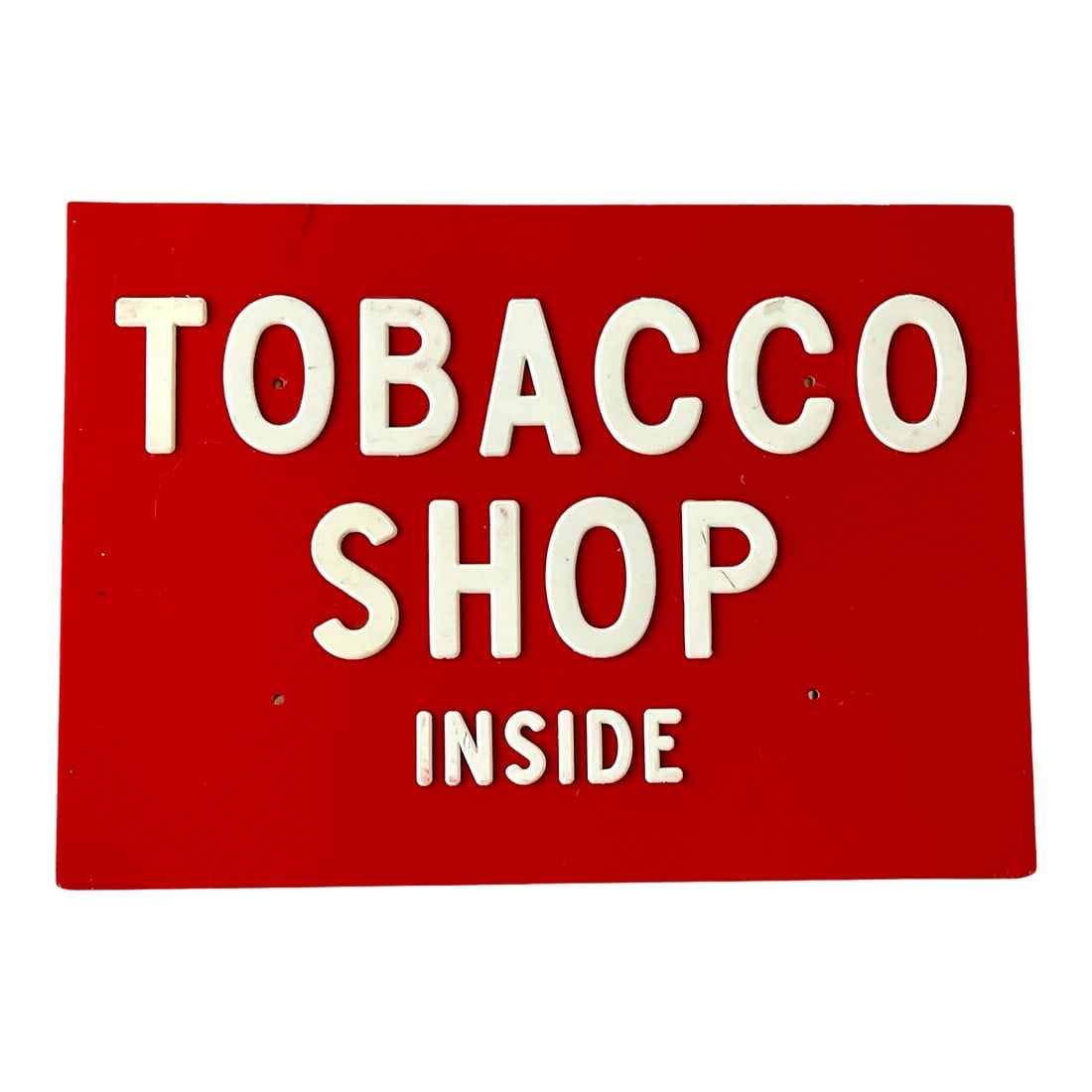 Vintage 1950s Red & White "Tobacco Shop Inside" Sign – Mid-Century Store Display: Bold, graphic, and unmistakably retro"”this vintage "Tobacco Shop Inside" sign is a slice of mid-century Americana. With its bright fire-engine red background and raised white block lettering,