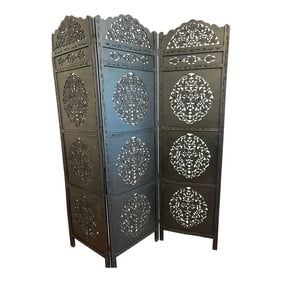 Antique Indian Teak Wood 3 Panel Screen Room Divider