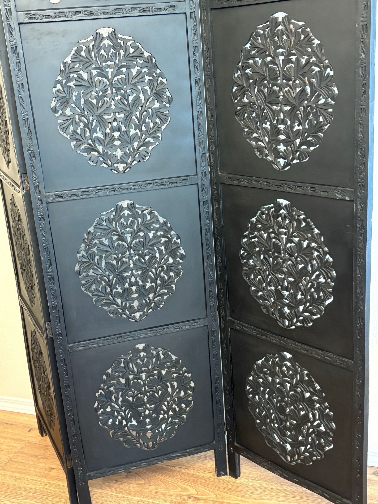 Antique Indian Teak Wood 3 Panel Screen Room Divider - 4