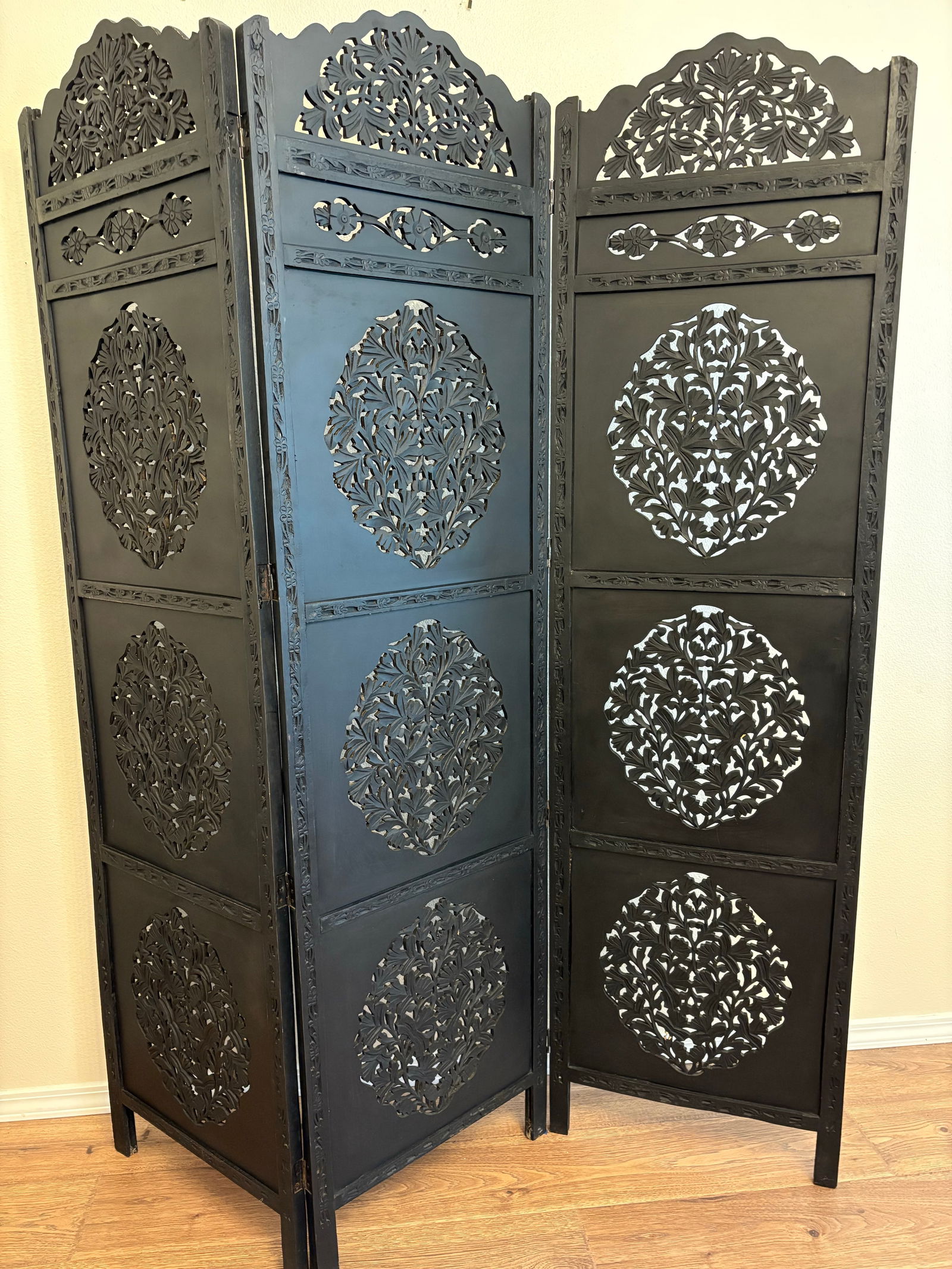Antique Indian Teak Wood 3 Panel Screen Room Divider - 5