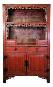 Antique Chinese Red Lacquer Scholar's Display Cabinet With Painted Interior