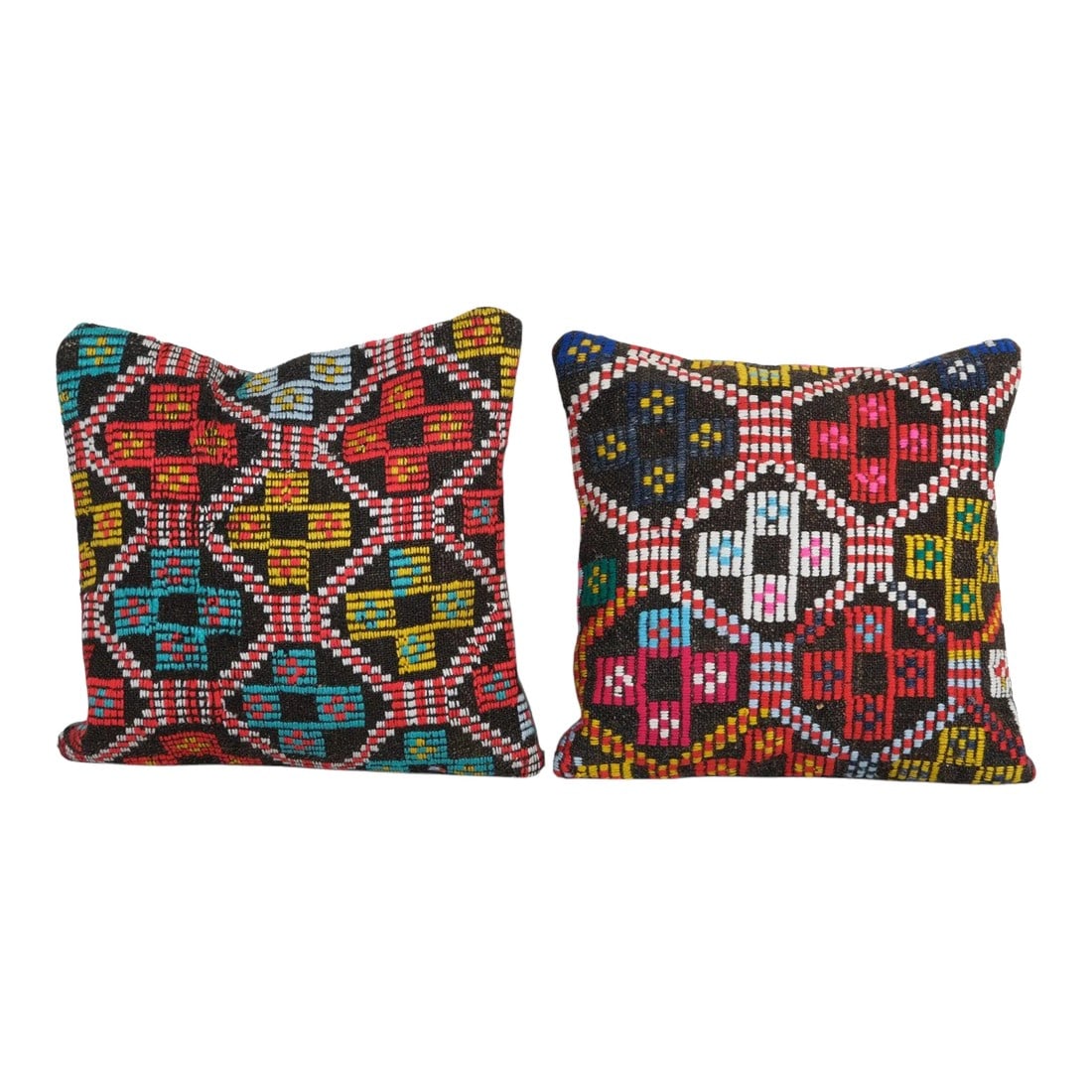 Striped Turkish Kilim Cushion - A Pair: Handmade Turkish Rug Pillow Covers "• Vintage Rug Decor Elevate your home decor with these exquisite 16" x 16" pillow covers crafted from authentic vintage Turkish rugs, handwoven in the