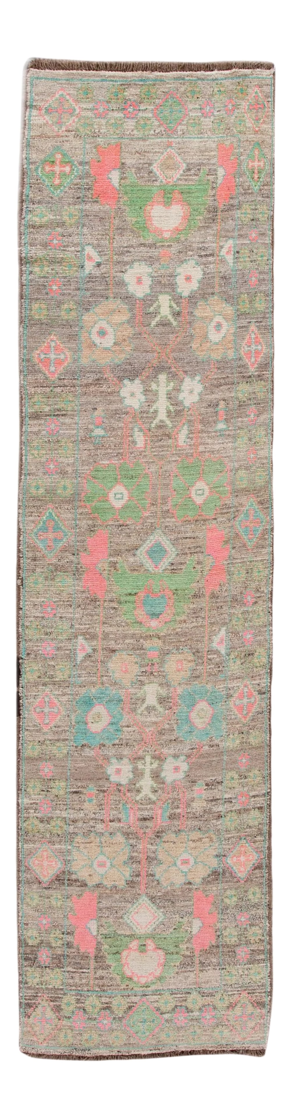 Colorful Modern Oushak Wool Runner: Beautiful Modern Oushak Turkish handmade Wool runner with a brown field. This Oushak runner has accents of pink, green, and blue in a gorgeous all-over geometric floral medallion design. This runner m