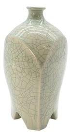 Signed Studio Pottery Celadon Crackle Glaze Footed Vase