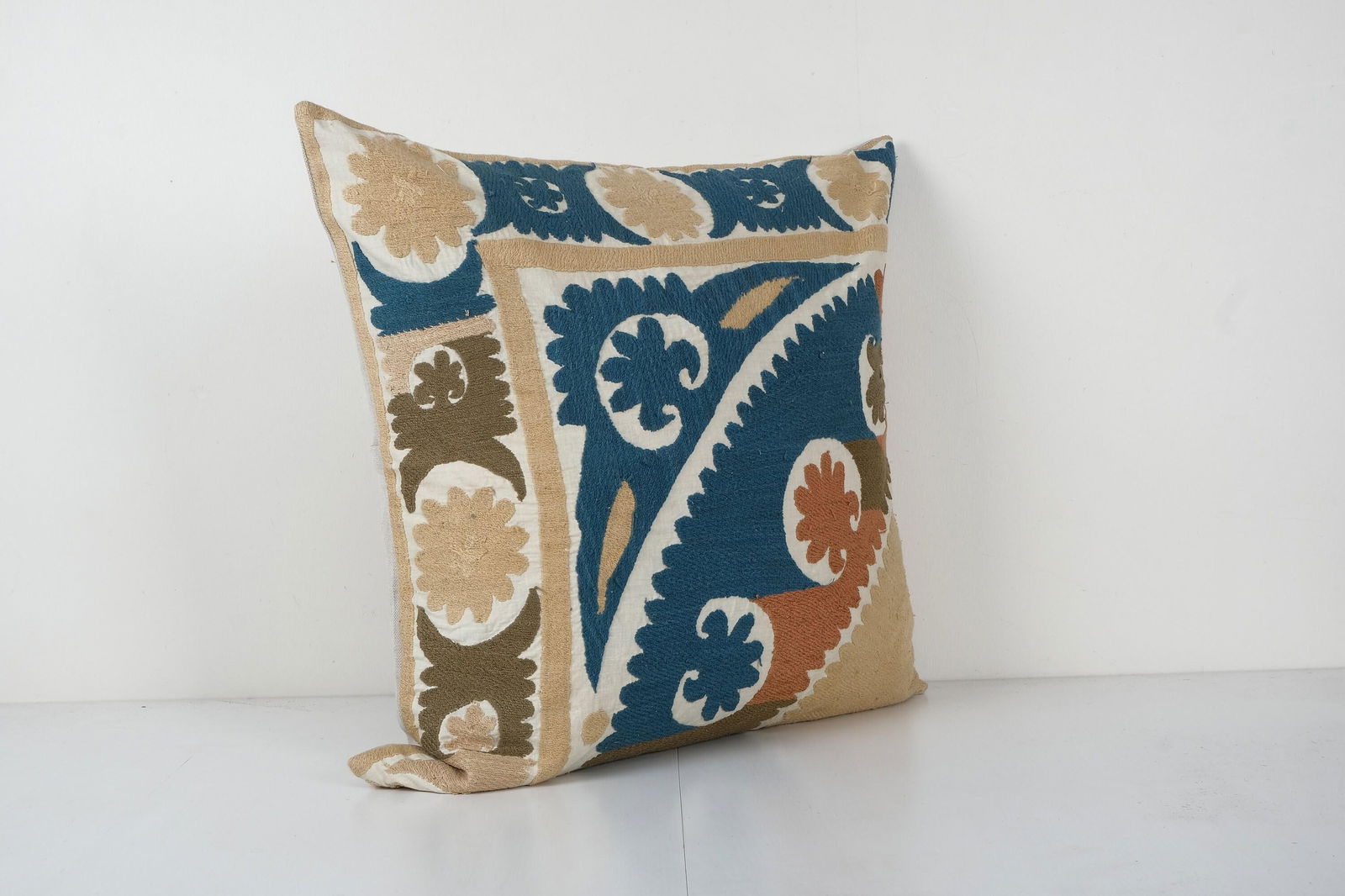 Square Blue Suzani Pillow Cases Fashioned From a Vintage Suzani - 2