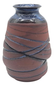 Contemporary Studio Art Pottery Red Stoneware Vase With Strangled Wrap Design, Signed Vincent 2010