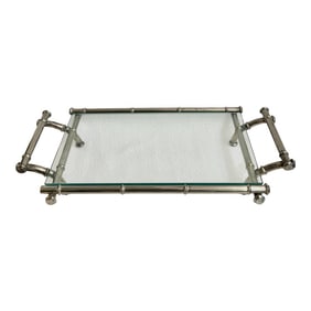 1960's Hollywood Regency Faux Bamboo Silver Plate Tray With Glass Top