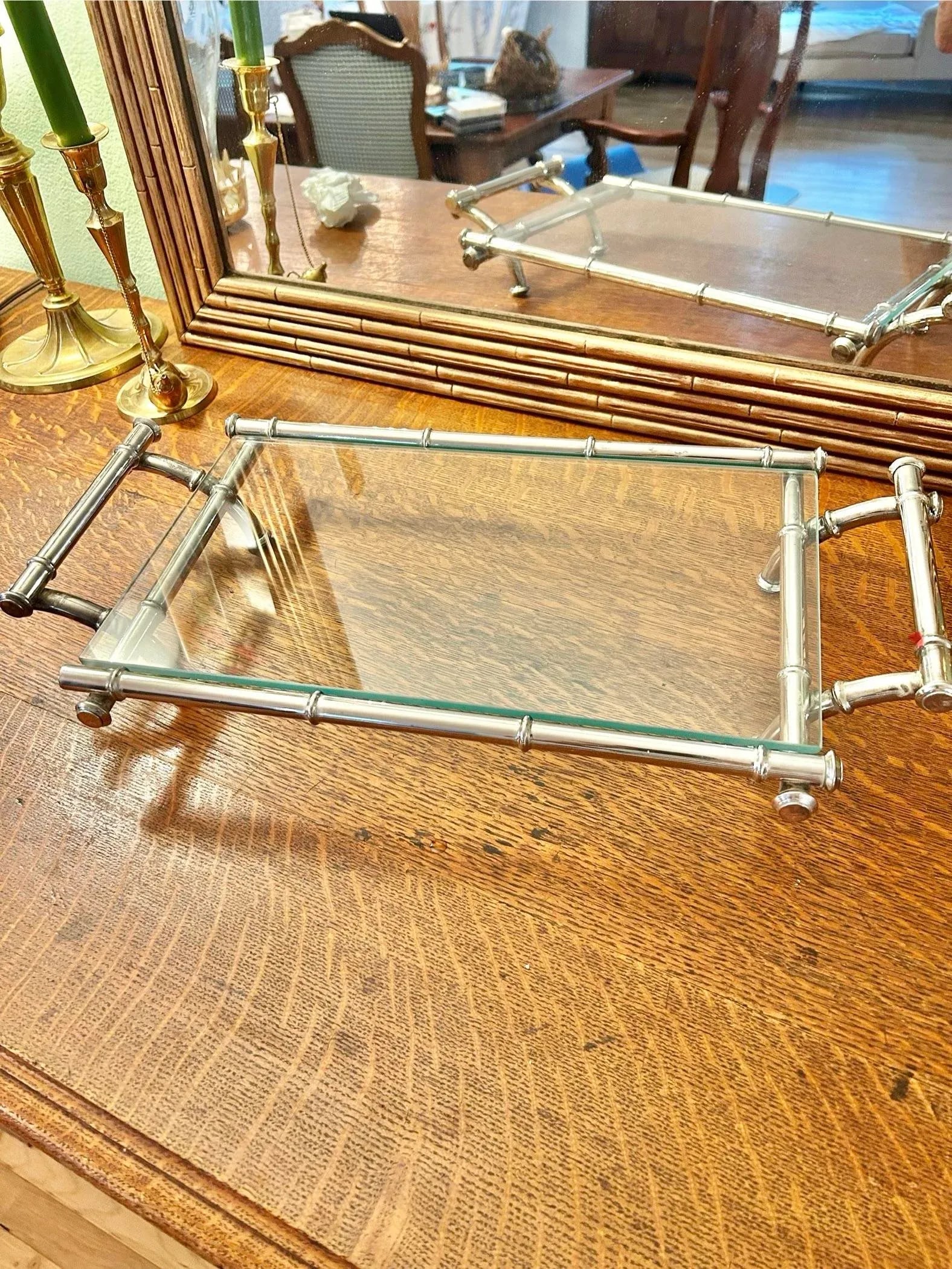 1960's Hollywood Regency Faux Bamboo Silver Plate Tray With Glass Top - 2