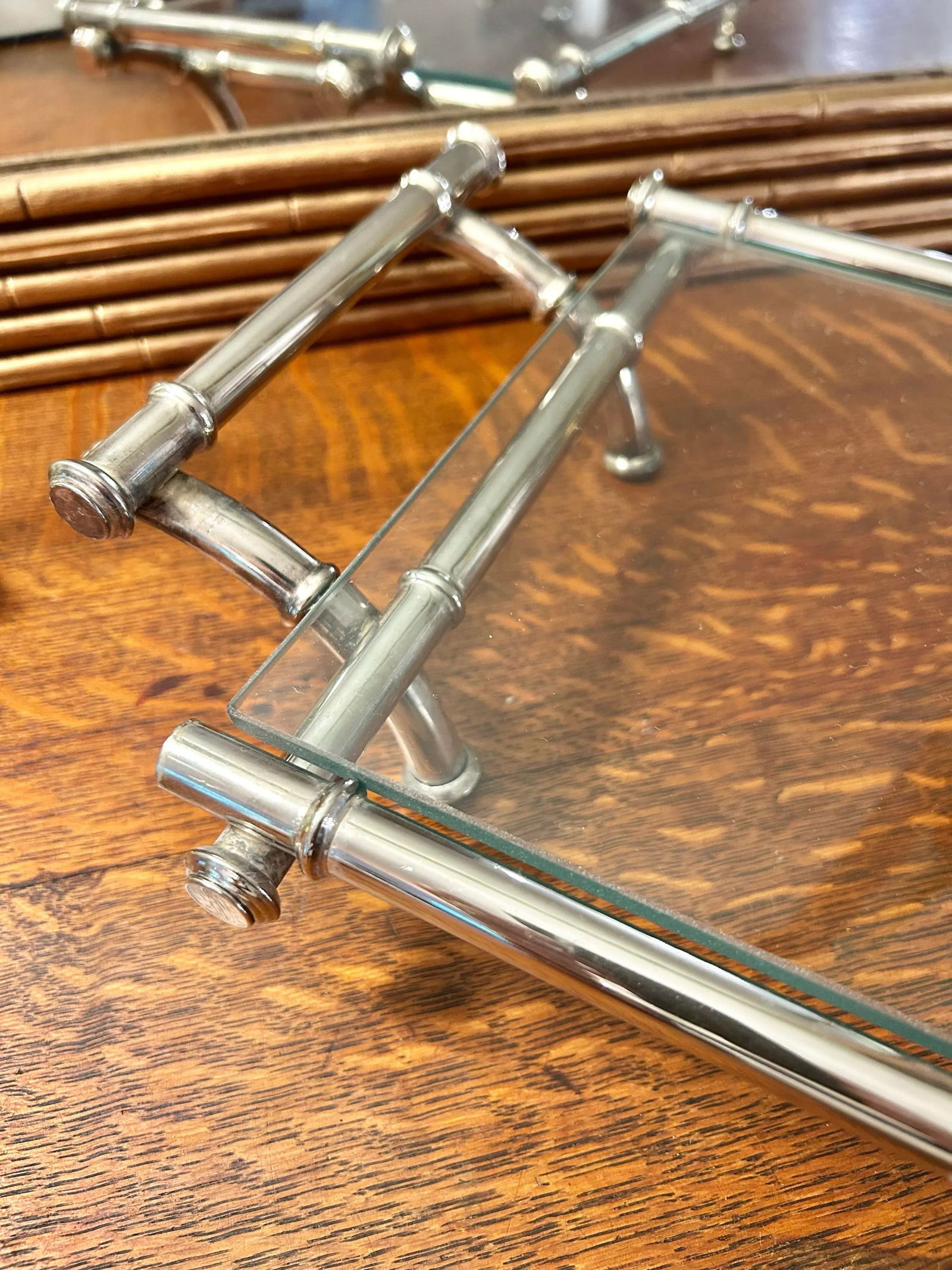 1960's Hollywood Regency Faux Bamboo Silver Plate Tray With Glass Top - 4