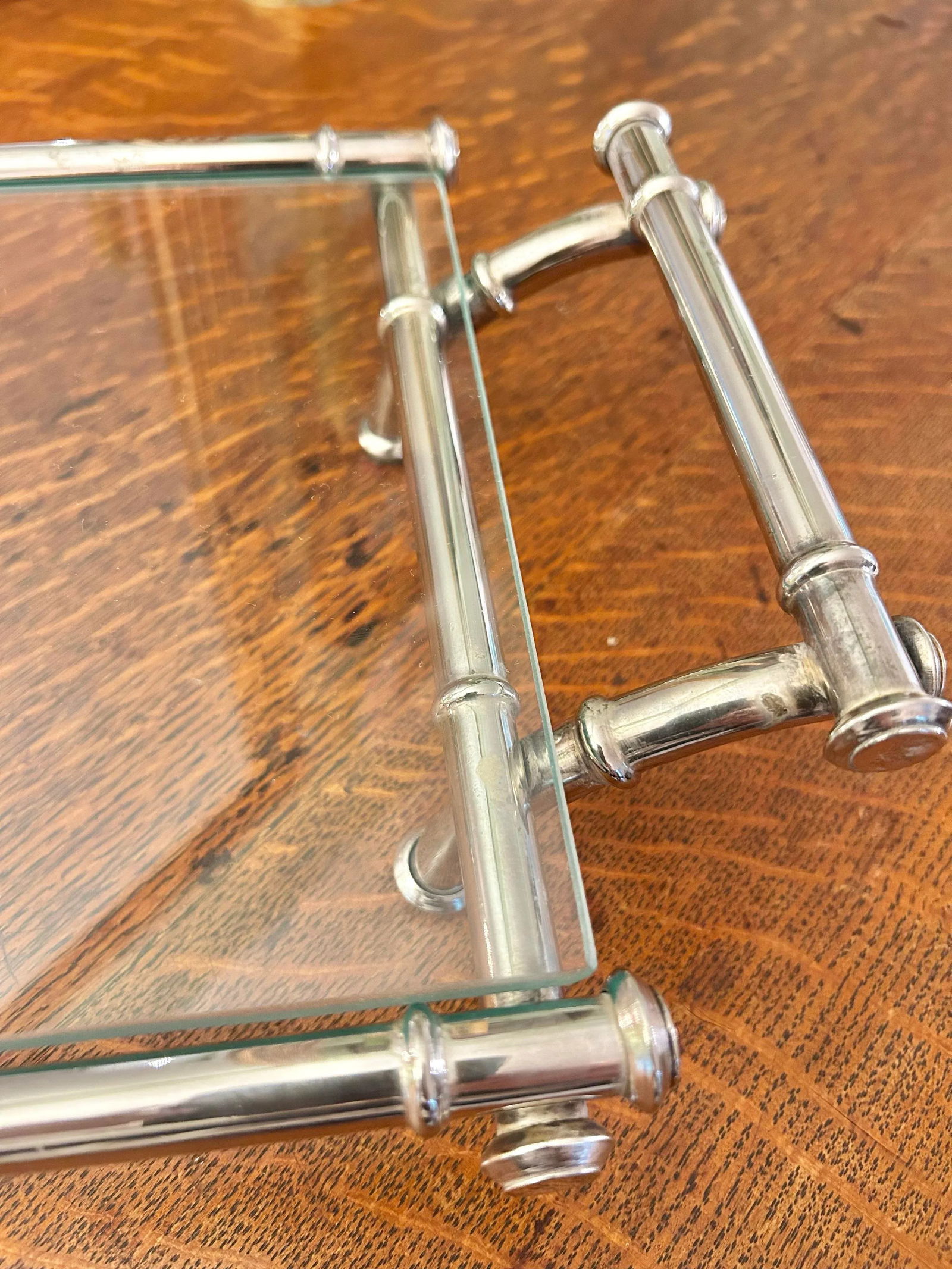 1960's Hollywood Regency Faux Bamboo Silver Plate Tray With Glass Top - 5