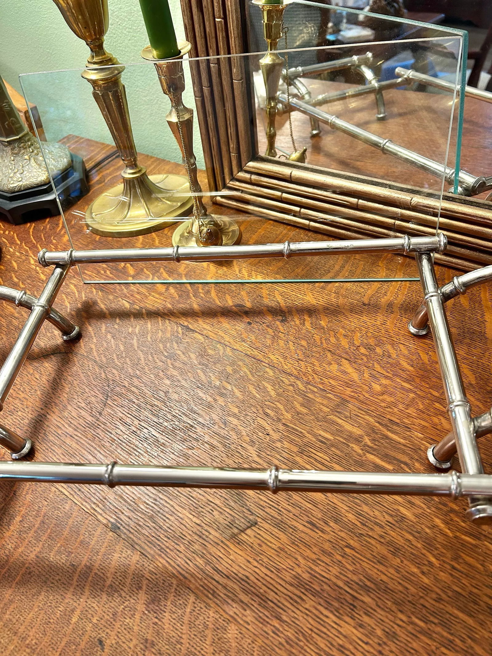 1960's Hollywood Regency Faux Bamboo Silver Plate Tray With Glass Top - 7