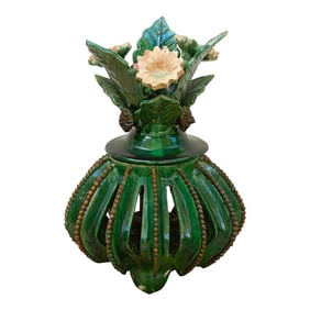 Vintage Green Glaze MichoacÃ¡n Floral Jar