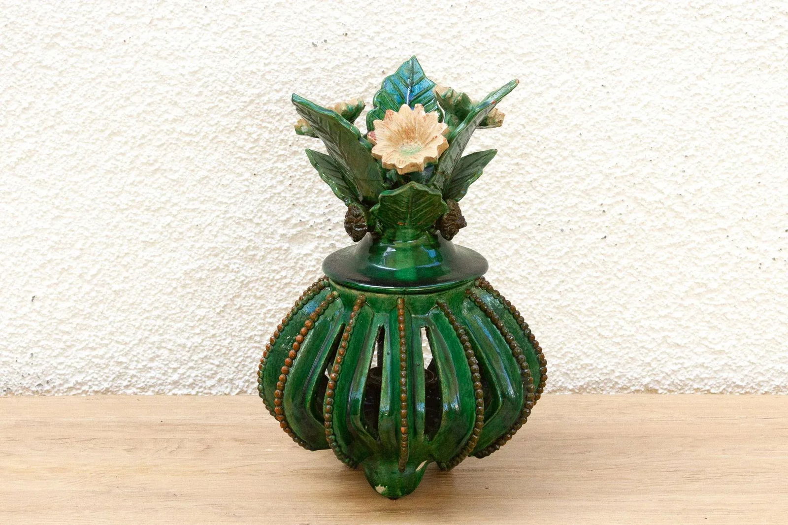 Vintage Green Glaze MichoacÃ¡n Floral Jar - 3