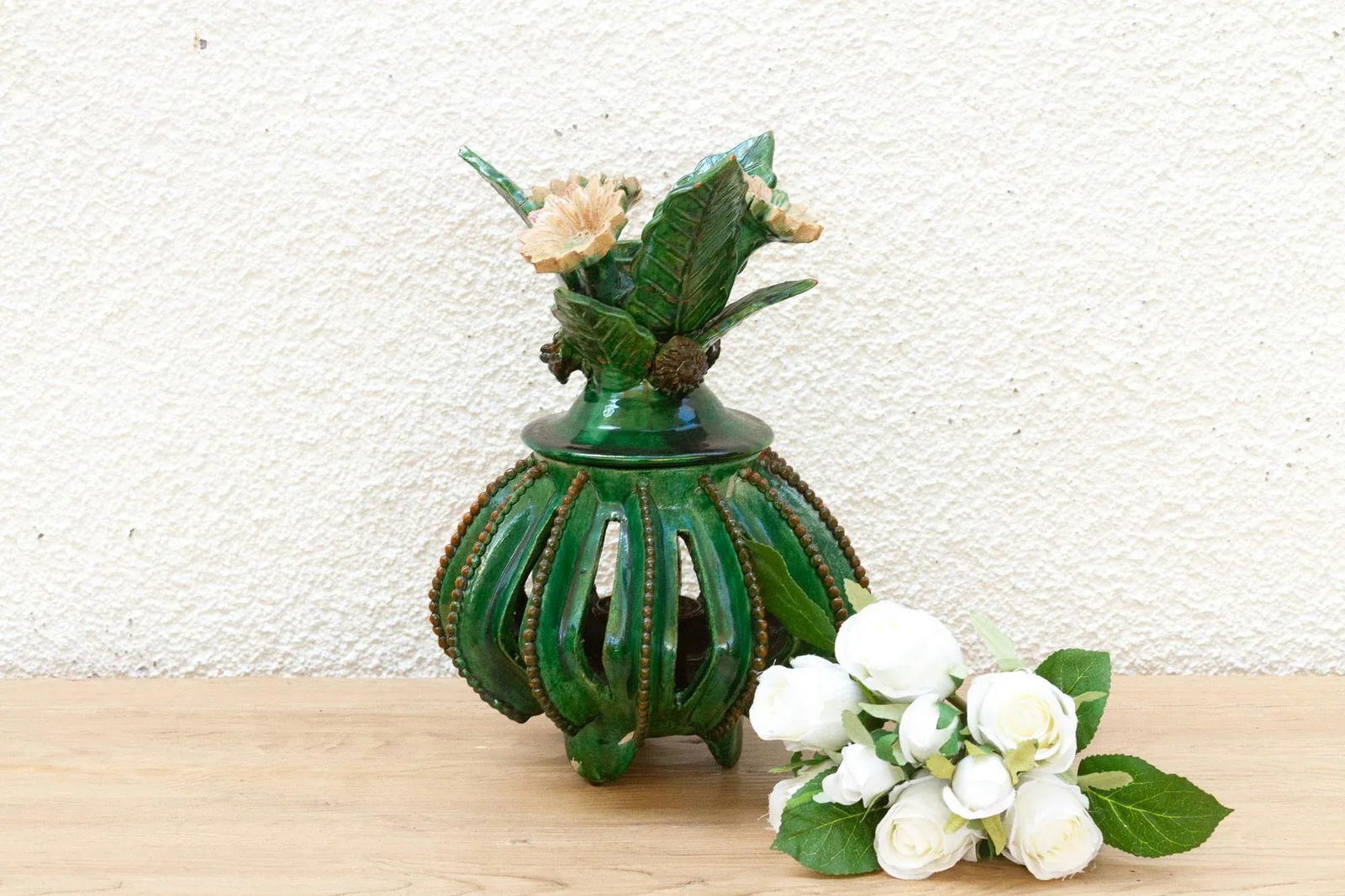 Vintage Green Glaze MichoacÃ¡n Floral Jar - 8