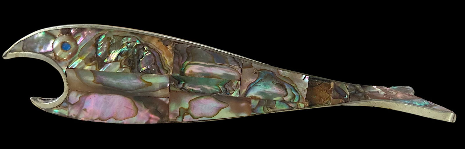 1970s Mid Century Mexican Abalone Fish Bottle Opener – Alpaca Silver - 2