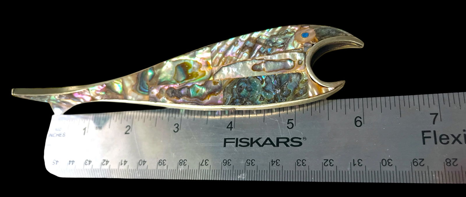 1970s Mid Century Mexican Abalone Fish Bottle Opener – Alpaca Silver - 3