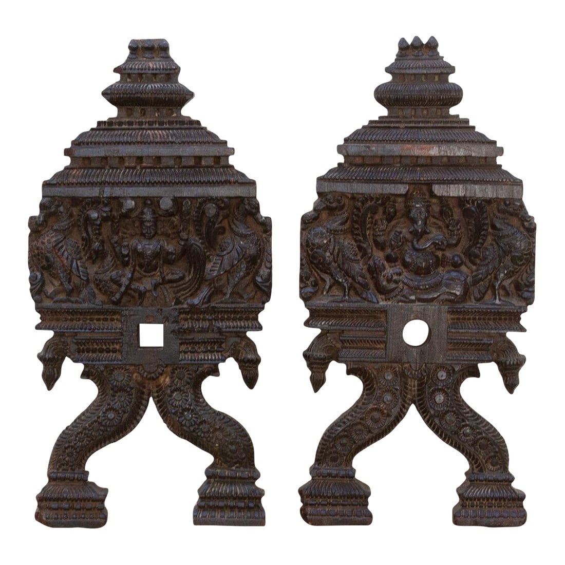 The Devine Pair, Antique Indian Deity Carvings: This antique pair of panels is more than a set of carvings; they are guardians of a home and a business. Dating to the 19th century, these exquisite Indian panels were crafted to serve as the