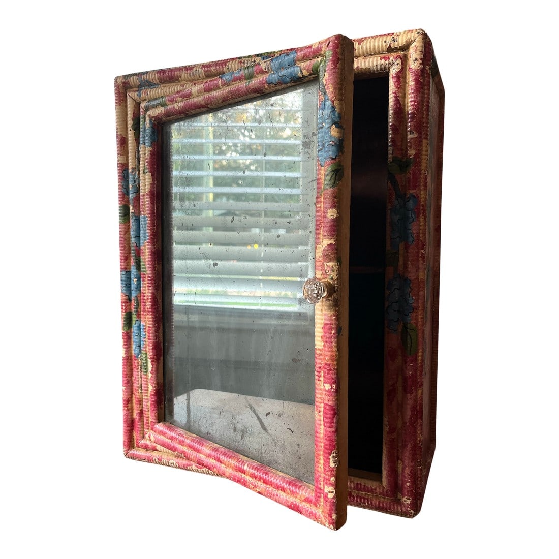 Antique Late 19th Century Hand-Painted Blue Hydrangea Wicker Cabinet With Mirror & Cut Glass Knob: Charming and rare late 19th-century wicker cabinet featuring original hand-painted floral blue trailing hydrangea with green leaves on a field of vivid pinks, reds, and creamy white. The cabinet