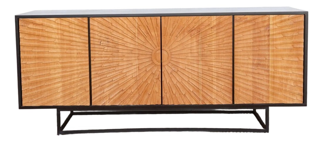 The Sunburst Sideboard Carved Teak Media Console: This impressive sideboard is a striking study in contrasts, a piece where the organic soul of wood meets the clean lines of mid century industrial design. Measuring a generous 76 inches long, its
