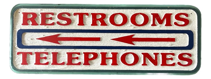 Vintage Hand-Carved Painted Wooden Directional Sign – "Restrooms / Telephones"