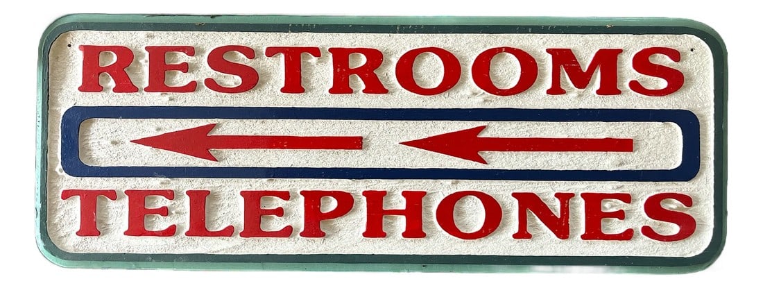 Vintage Hand-Carved Painted Wooden Directional Sign – "Restrooms / Telephones": Bold and functional, this vintage hand-carved sign once directed travelers to restrooms and telephones, making it a nostalgic piece of Americana from the mid-20th century. Carved from solid wood,