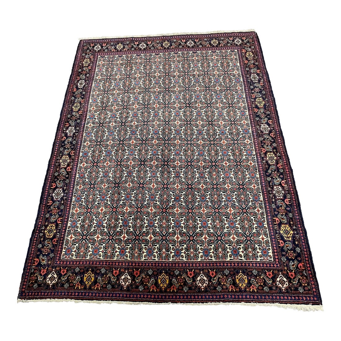 1990s Handwoven Old Persian Senneh Area Rug 4'6" X 6'6": 1990s Handwoven Old Persian Senneh Area Rug 4'6" X 6'6" Condition: Alterations: Original Condition Unaltered Imperfections: Some Imperfections Condition Notes: Desirable Age Wear. Wear consistent