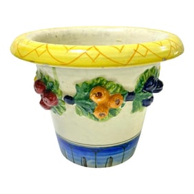1970s Italian Majolica Terra Cotta Cachepot Planter Pot With Fruit Motif