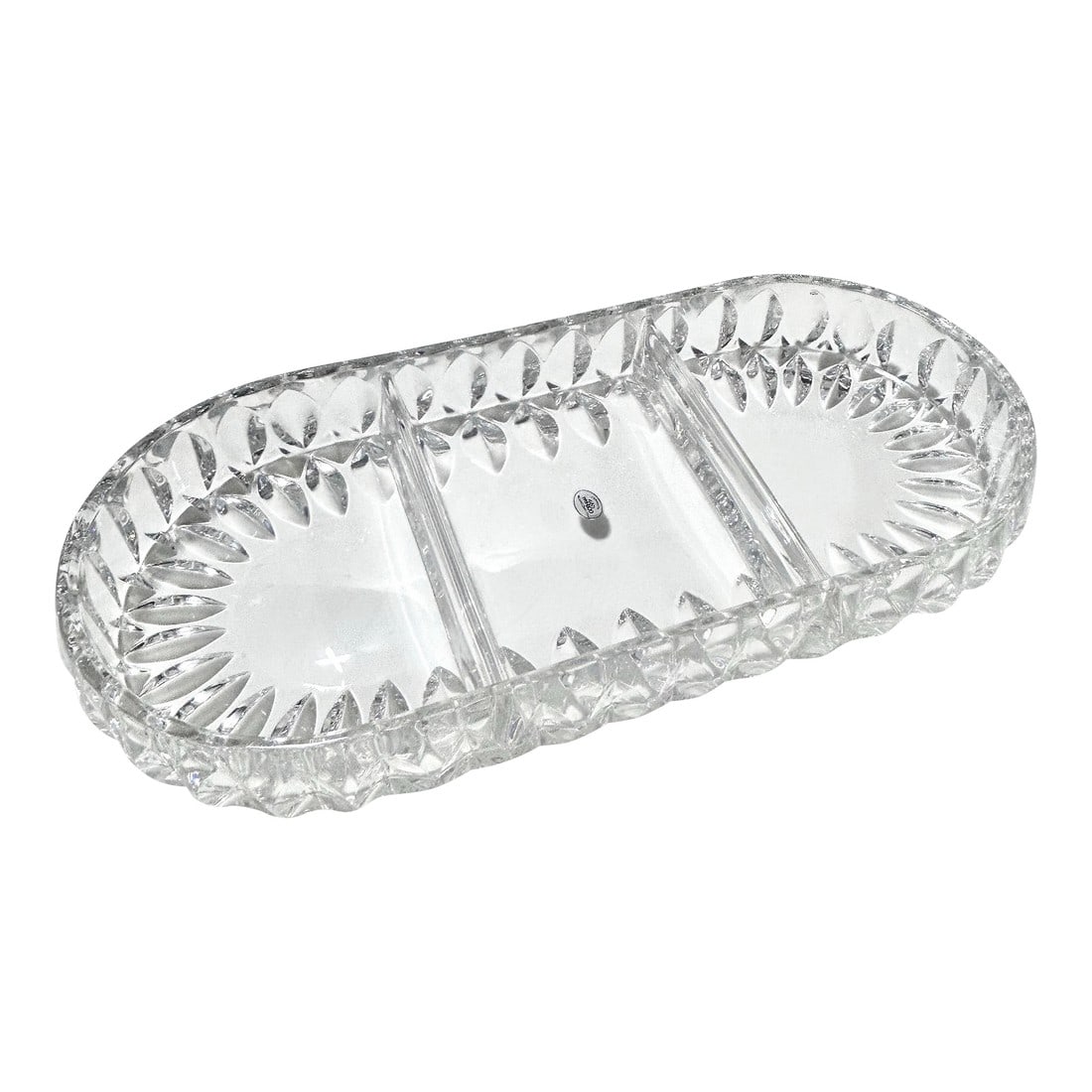 1980s Lead Crystal Divided Relish Dish Serving Platter: A light-catching, heavy-weight, versatile serving piece. It can also be used to display candles or seashells. I display my glass candy collection on this exact dish. Included is its original box for