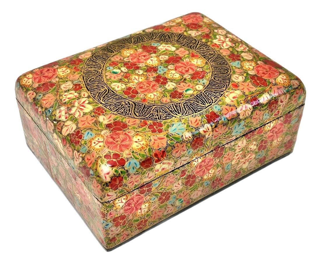 1920s Antique Kashmiri Floral Paper Mache Box: An absolutely exquisite handmade Kashmiri paper mache box. The pattern and colors are breathtaking. It truly a one-of-a-kind treasure. Dimensions 8" wide 6" deep 3.5" tall Condition: Alterations: Orig