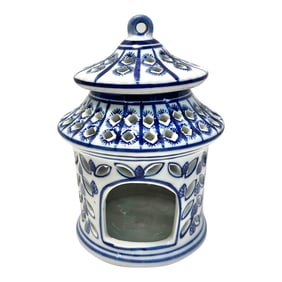 1980s Blue and White Chinoiserie Pagoda Candle Holder