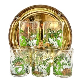 Vintage Cera Frog & Ferns Mid-Century Modern Cocktail Barware Set With Brass Frog Tray- 6 Pieces