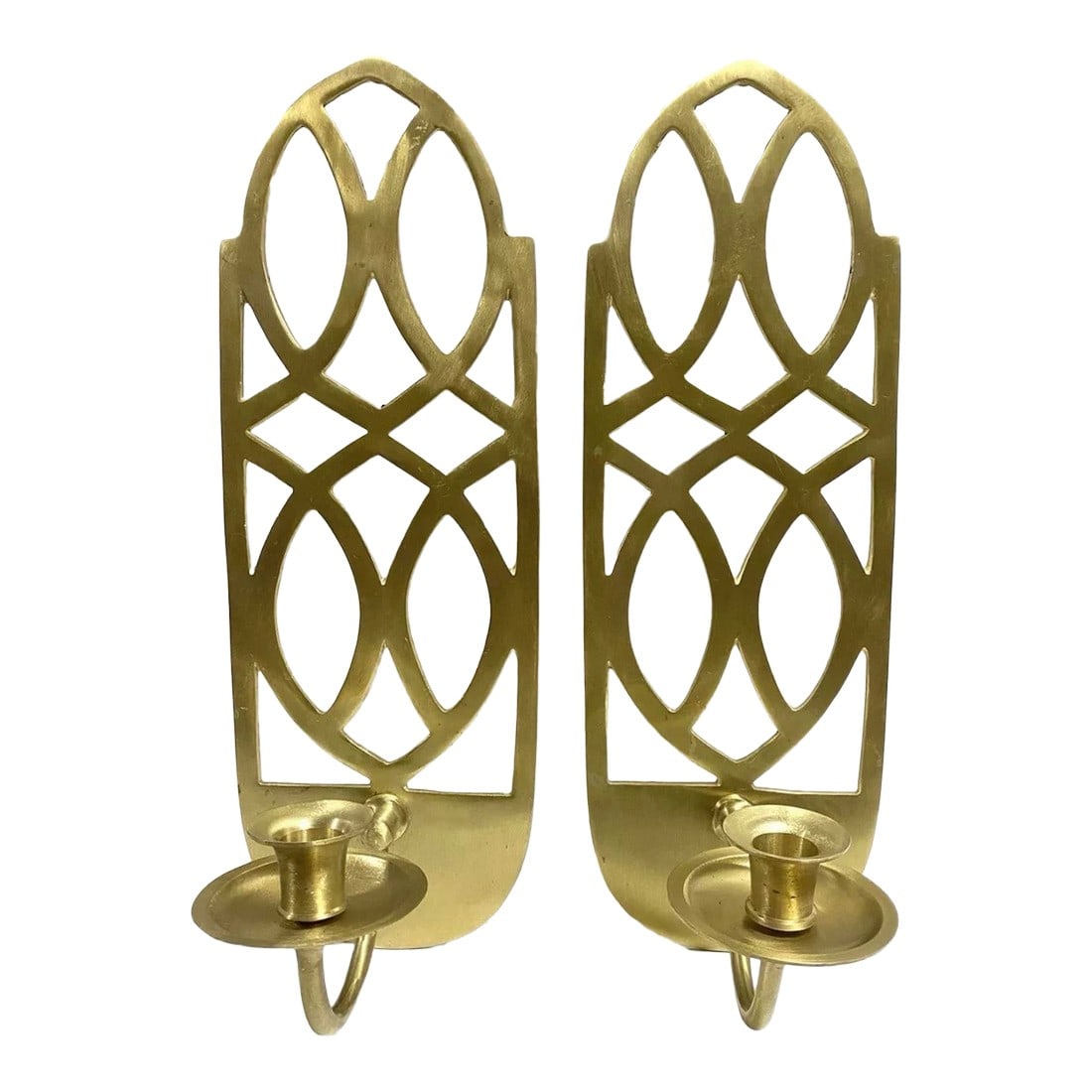 Vintage Brass Hollywood Regency Candle Wall Sconce Taper Cutout - A Pair: Add a touch of Hollywood Regency glamour to your walls with these vintage brass candle wall sconces. They come in a set of two. The brass finish exudes a timeless and classic look that will never go o
